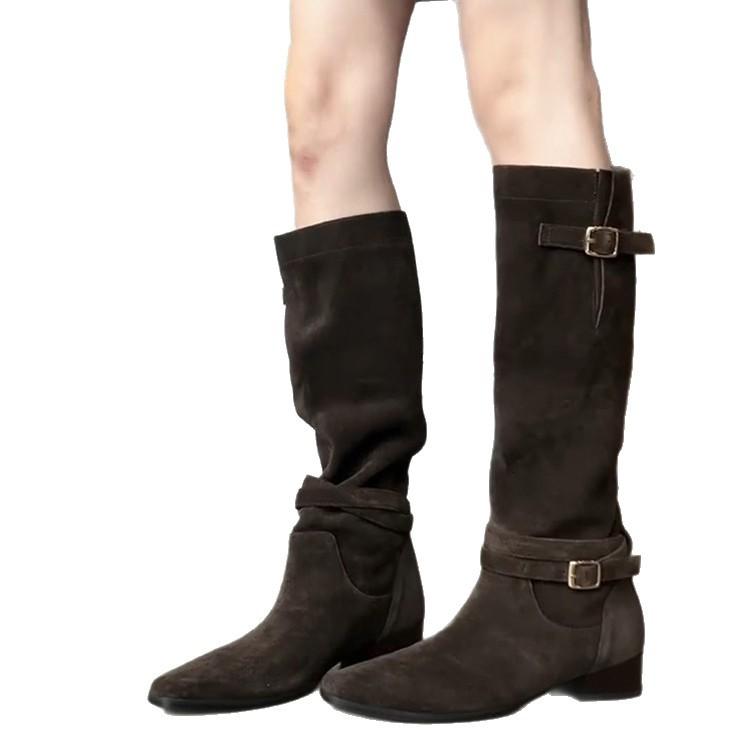 Pleated Pile Boots Women's Skinny Low Heel Autumn and Winter But Knee Fashion Boots Suede Belt Buckle Boots