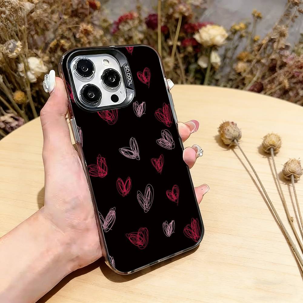 Cute Pink Love Heart Phone Case For iPhone 17,16,15,14,13,12,11 Plus,Pro Max,XS,Colorful Silver Black Cover