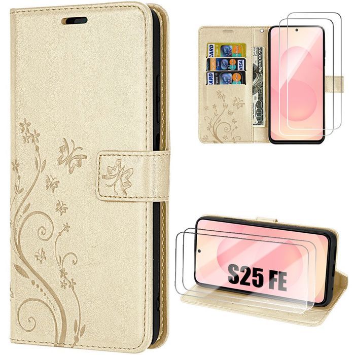 Coque de Protection - BOOLING - pour Samsung Galaxy S25 FE - Cuir Synthétique Motif Plante Doré - 2 Verres Trempés