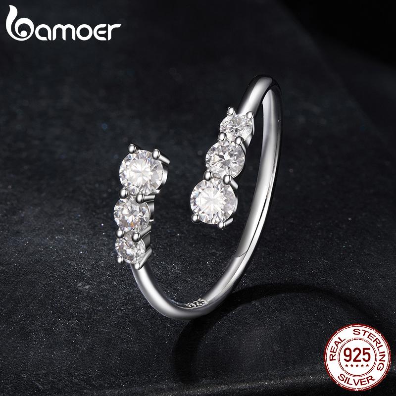BAMOER Moissanite White Gold Plated Adjustable Ring 925 Silver Exquisite Open Ring for Women Engagement Jewelry Gift