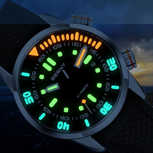 BERNY Mens Watch Mechanical Automatic Diving 20ATM Water Resistant Sapphire Glass Comfortable Silicone Band Ultra High Brightness Luminous Manual