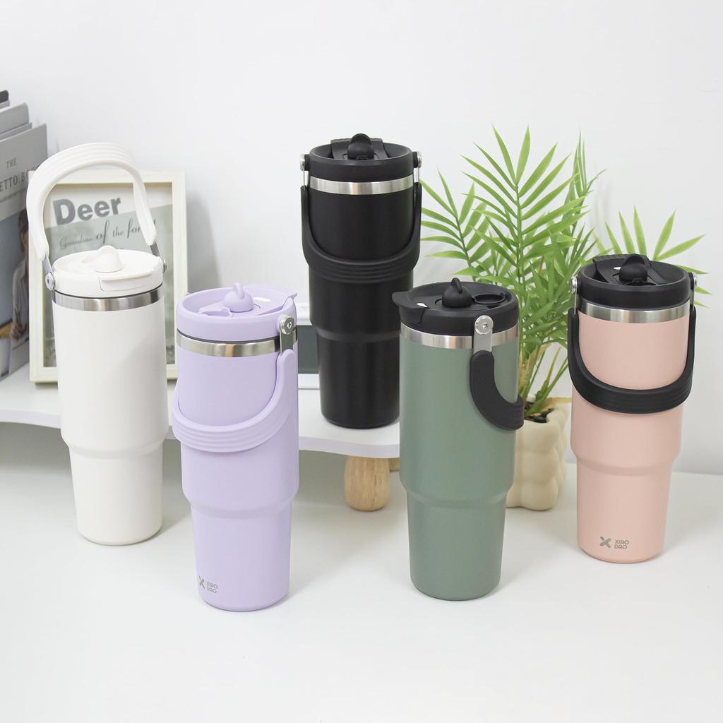 SKIASE Tumbler with 900ml Water Large Vacuum Heat Cold Stainless Steel Wide Direct with Handle White Straw, Bottle, Capacity, Insulation, Retention,