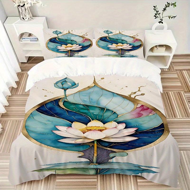 3pcs Lotus Bloom Soft Comfortable Bedding set, For Bedroom, Guest Room And Dorm, All - Season Use, High-Definition Printing157