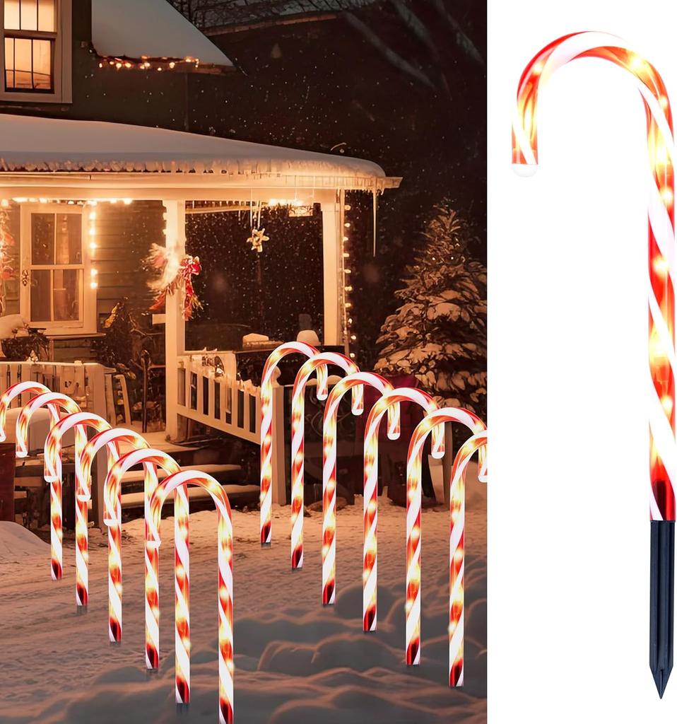 JOYFY 16" Christmas Candy Cane Pathway Markers Lights Set of 12 with Warm White for Xmas Indoor and Outdoor Decorations