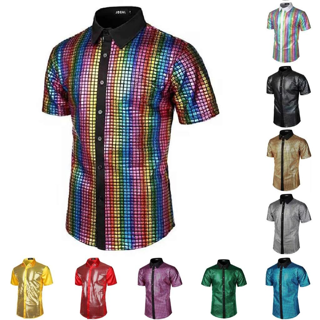 Retro Disco 70s Mens Sequin Dress Shirt With Polyester Fabric For Cosplay And Partywear