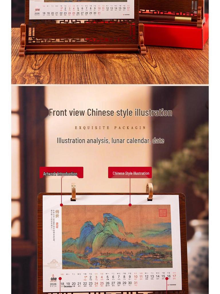Luxus Holz Schreibtischkalender Geschenkset: Anpassbares Jahr des Pferdes 2026 mit Logo für Kunden