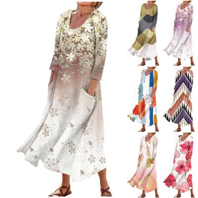 Women's Casual Fashion Comfortable Printed 3/4 Sleeve Pocket Dress