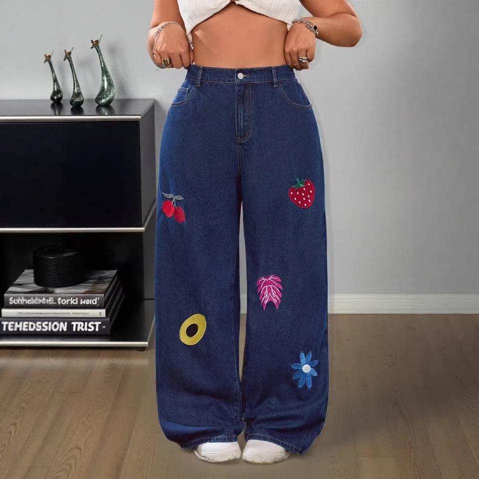 

Plus Size Wide Leg Embroidered Denim Pants for Women US 0XL/12 синій