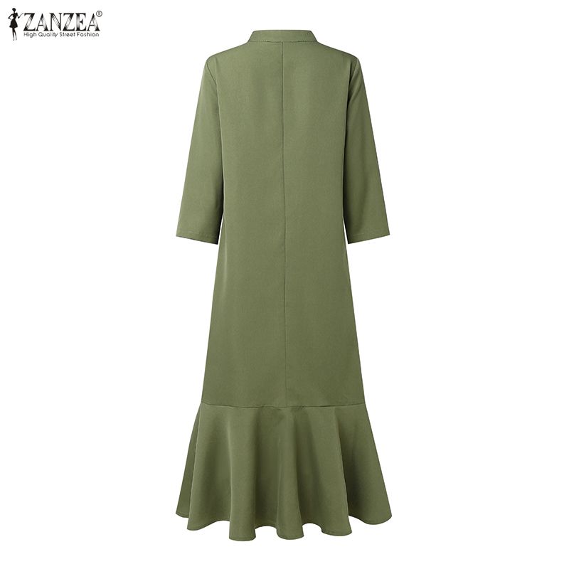 ZANZEA Women Casual V-Neck 3/4 Sleeve Solid Color Long Dress
