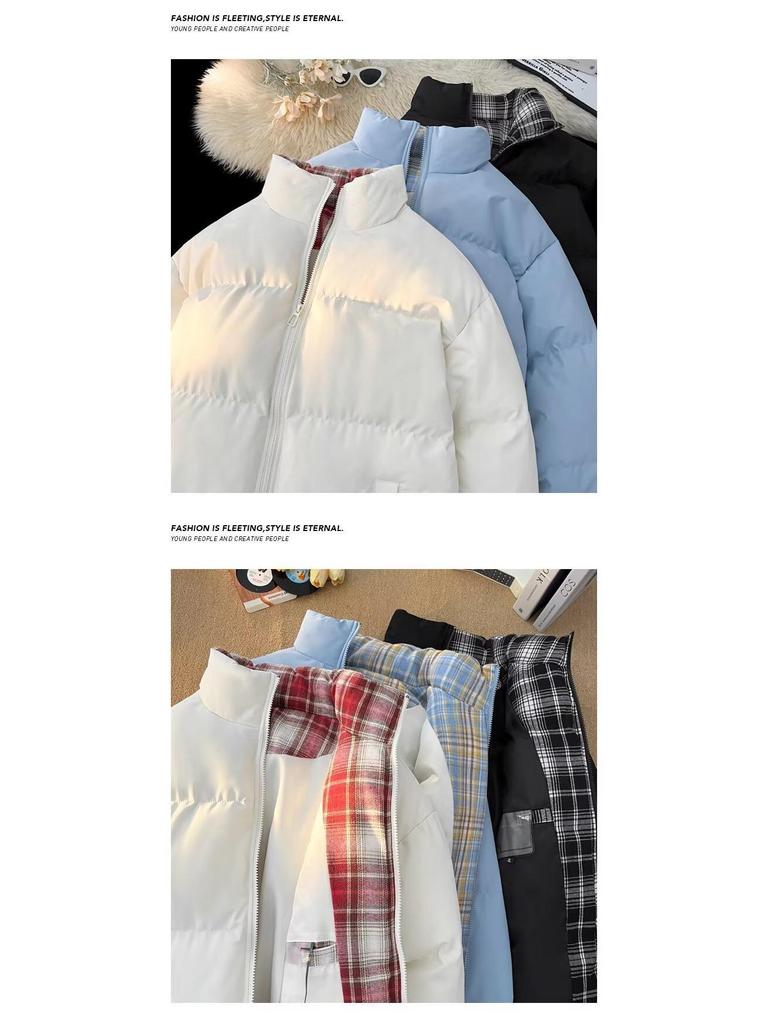 Unisex Black Plaid Patchwork Cotton Jacket – Warm Stand Collar Winter Outerwear