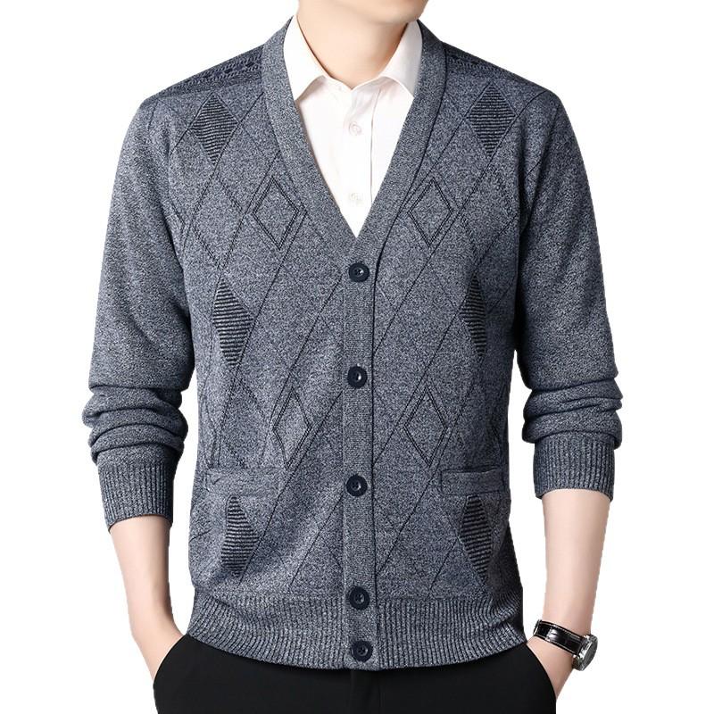 Men's V-Neck Jacquard Sweater Coat - Plus Velvet Knitted Cardigan for Autumn/Winter