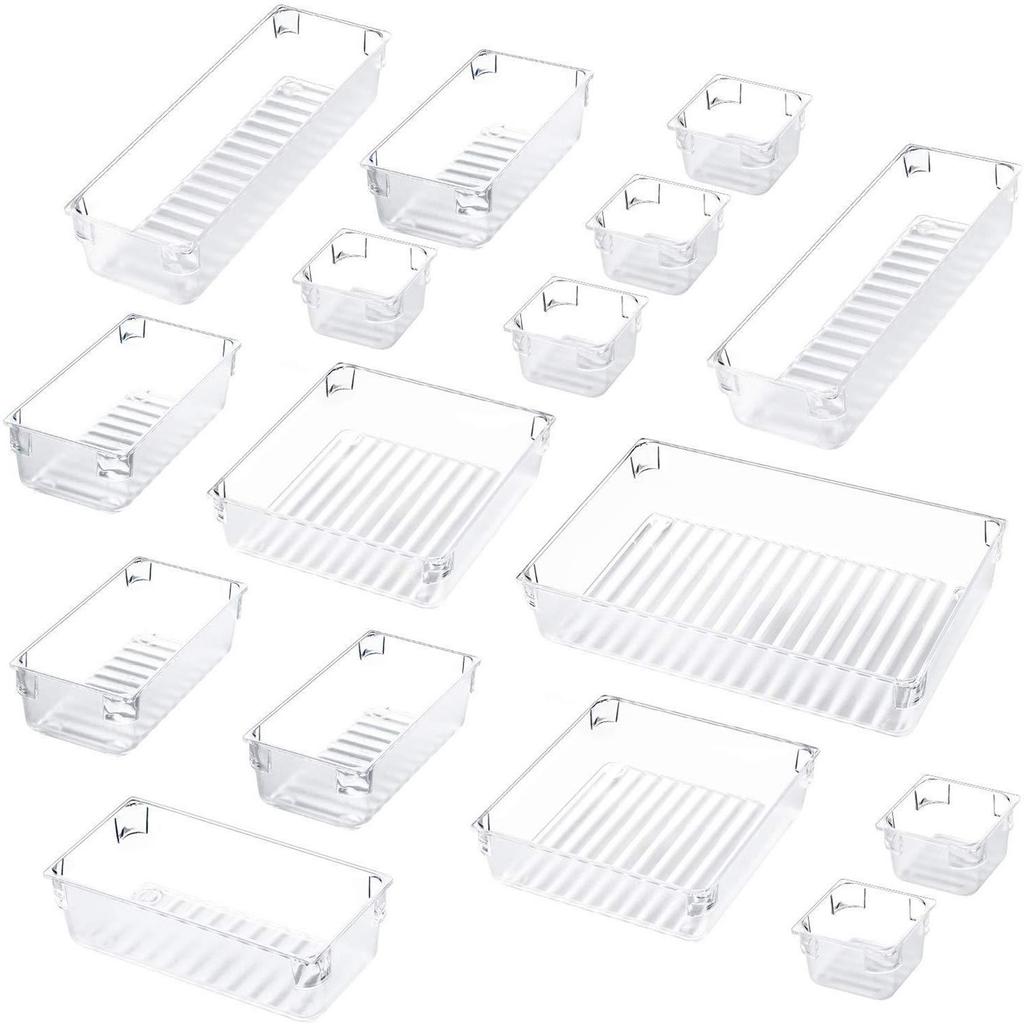 16pcs Drawer Organizer Set Transparent Office Desk Drawer Dividers Trays Dresser Storage Bins Separation Box