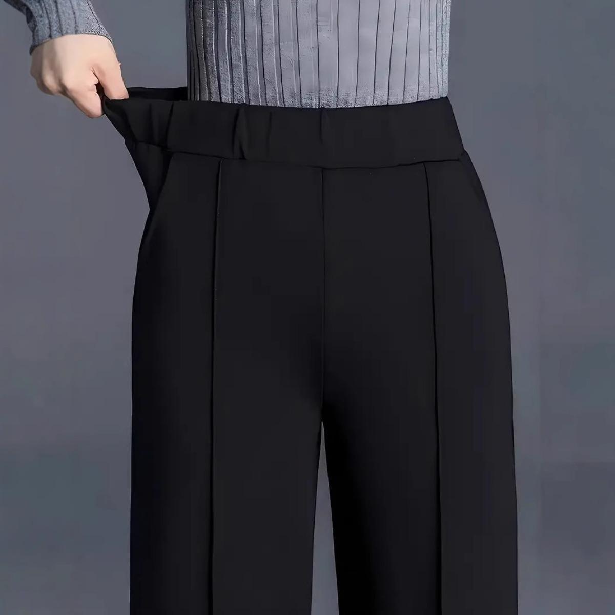 Women s High Waist Solid Color Wide Leg Pants Casual Elastic Waist Business Trousers XXS чёрный