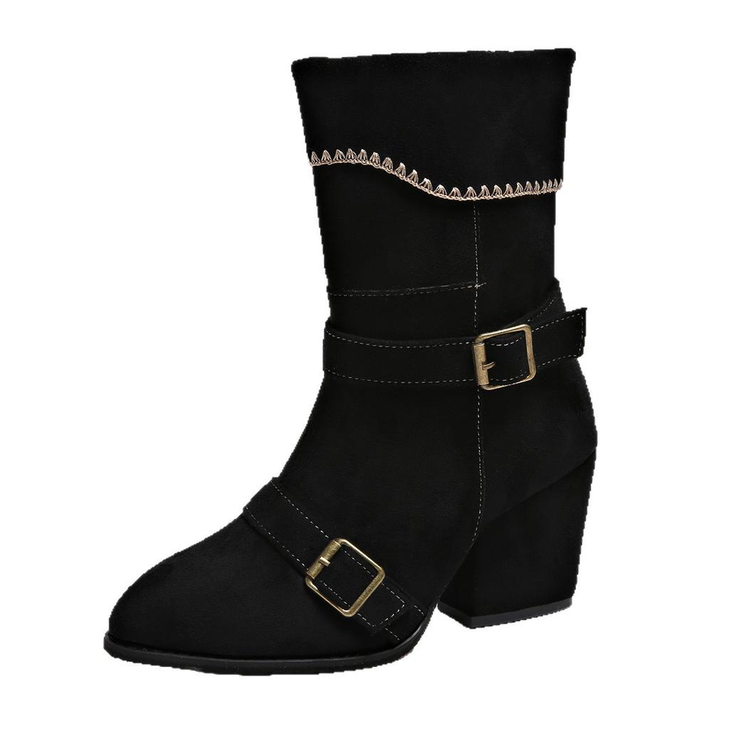 Women's new fashion boots autumn and winter new belt buckle flip large size medium tube pointed Martin boots in stock