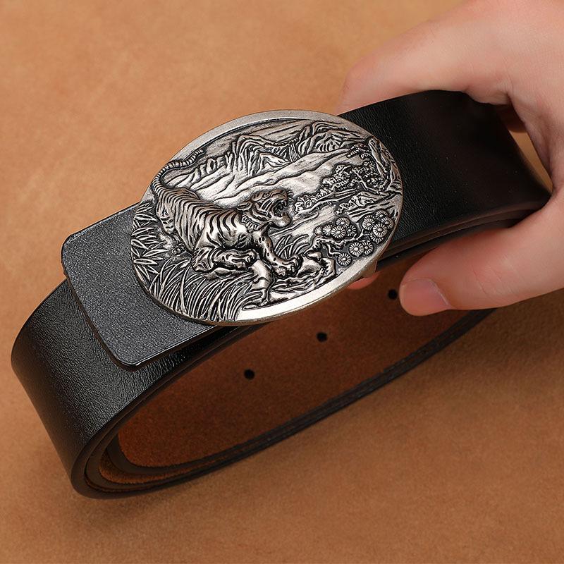 Men's Retro Genuine Cowhide Leather Belt with Smooth Buckle - Extended Large Size for Trendy and Plus-Size Fashion