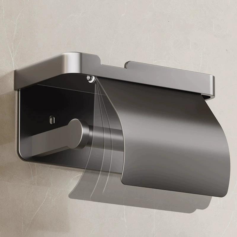 Gray Toilet Paper Holder with shelf Aluminum Black Tissue Paper Holder Milk Cream Paper Roll Holder With Phone Storage Shelf