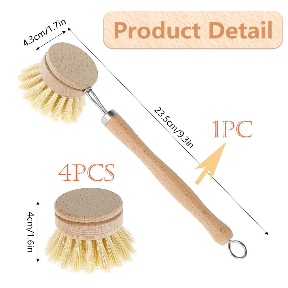 

Kitchen Dish Brush Set Wooden Long Handle Pan Brush with 4 Replacement Brush Head kitchen scrubbing brush Pans Pot Brushing Tool