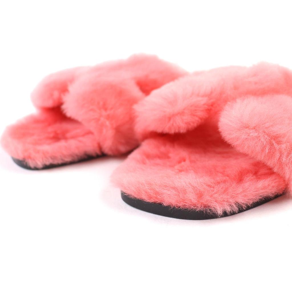 Great HERMES Mule Oran H Logo Fur Sandals Pink Sheepskin Leather 37 231288Z Used