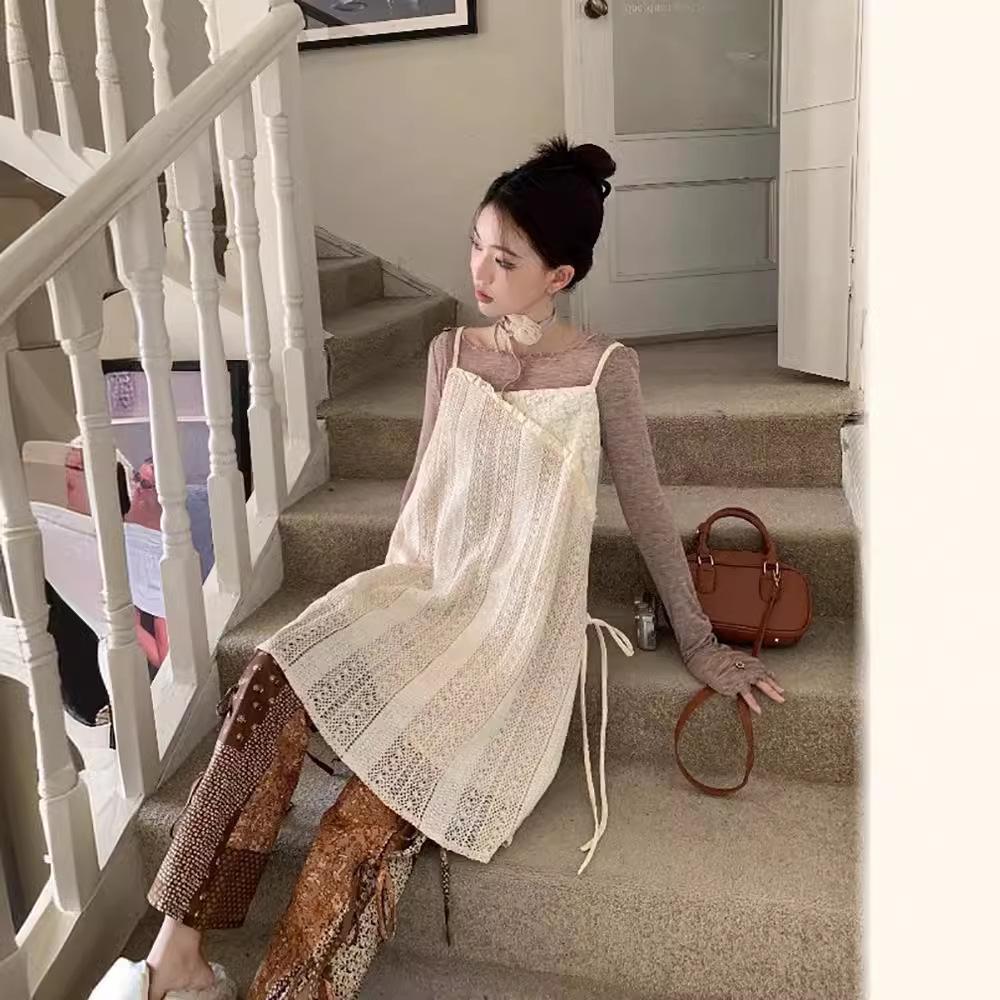 Women's Niche Lace Camisole Dress, Spring 2026 - New Slimming A-line Mini Skirt with Drawstring for Layering and Style.