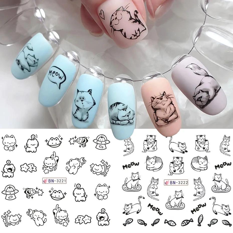 12 Designs Schwarze Katze Nagel Wasser Aufkleber Niedliche Kawaii Cartoon Nagelkunst Abziehbilder Wasserzeichen Transfer Slider Maniküre Dekorationen
