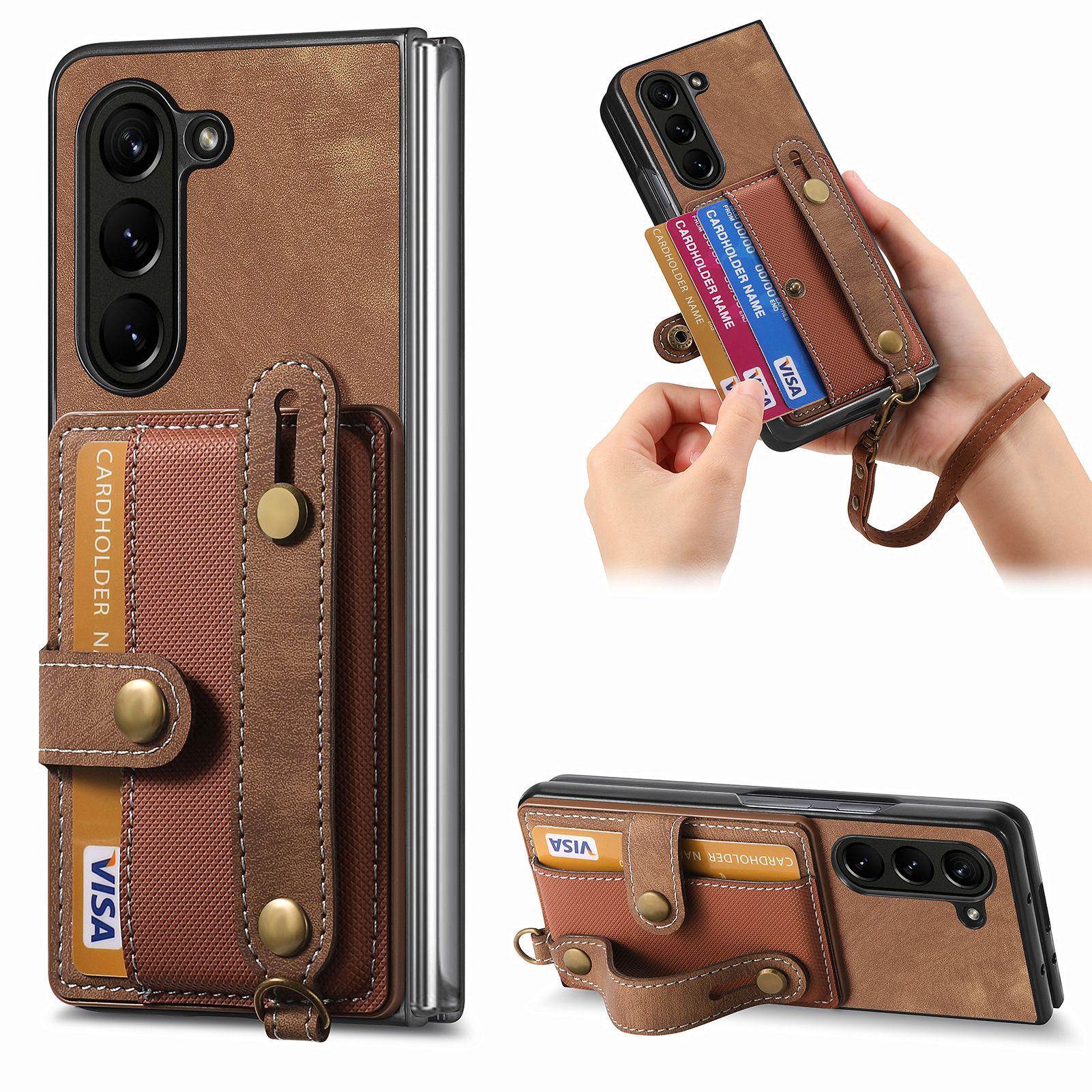 

For Samsung Galaxy Z Fold6 5G Case Card Holder Wristband Leather+PC Cover with Strap Brown