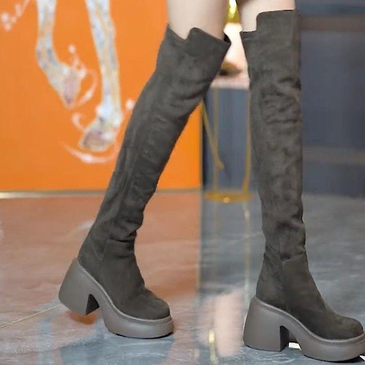 Thick-soled Over-the-knee Boots Women's High Boots Autumn and Winter 2025 New High-heeled Round Head Thick-heeled Thin Elastic Thin Boots