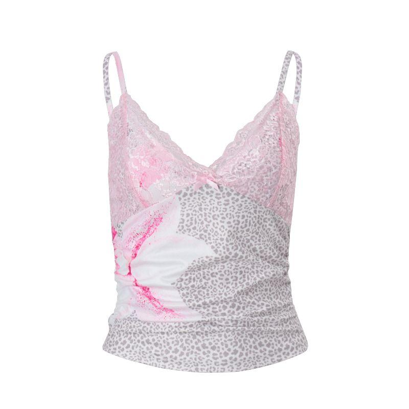 Fashion Sexy Lace Leopard Print Print V-neck Sling Vest Female Autumn Fashion Butterfly Holiday Slim-Fit Crop-Top