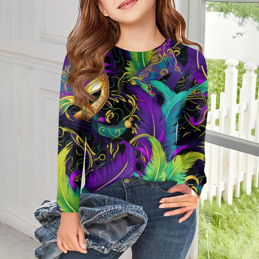 Dívčí trička s dlouhým rukávem Dětské podzimní topy Kulatý výstřih Potištěná základní trička