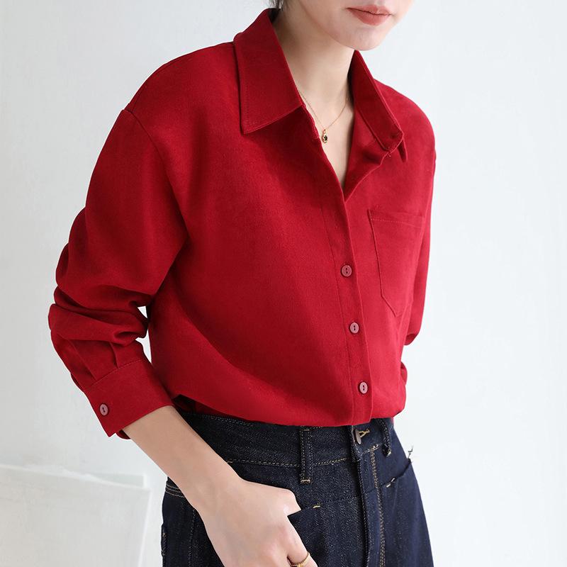 

2026 Autumn/Winter Retro Red Elegant Women s Flannel Shirt Jacket with Lapel Layering Design Small