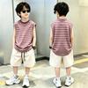 Boys' Summer Patchwork Striped Vest Set (Sleeveless, Ages 6-12)