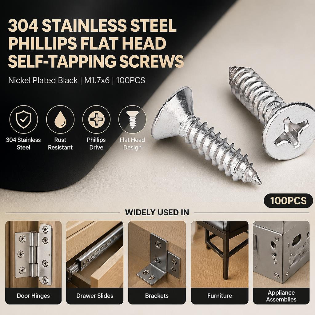 100pcs M4 Stainless Steel Nickel Plated Black Cross Recessed Head Self Tapping Screws Hardware