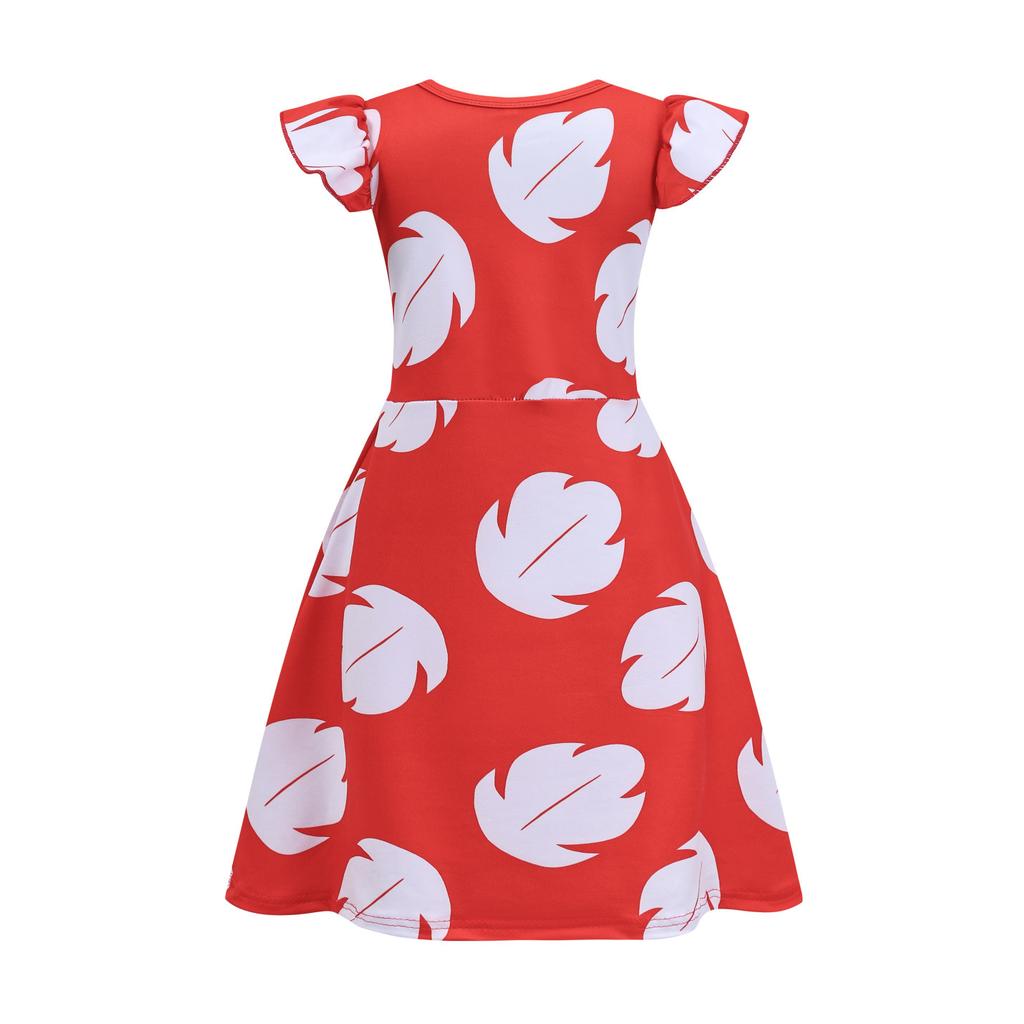 New children's girls' dress cosplay Liluo red dress with flutter sleeves and leaf print