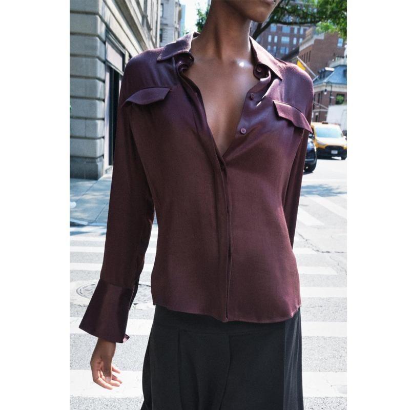 Fall and Winter New Women's Clothing Fashion Style Loose Lapels Pocket Silk Satin Texture Long Sleeves Shirt 8987213