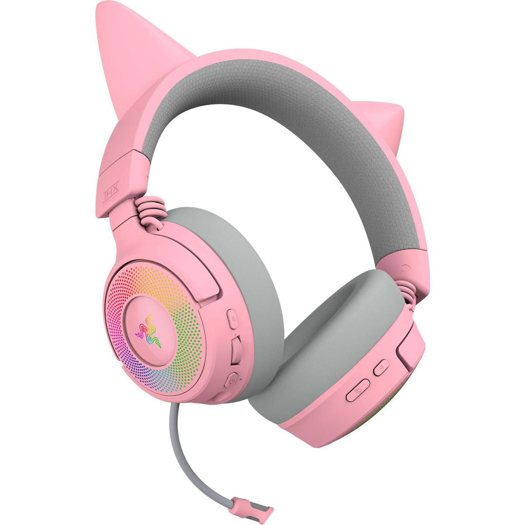 Razer Kraken Kitty V3 Pro Quartz Pink Edition Wireless Gaming Headset with cat ears that react to streaming and HyperSpeed Wireless Bluetooth and USB