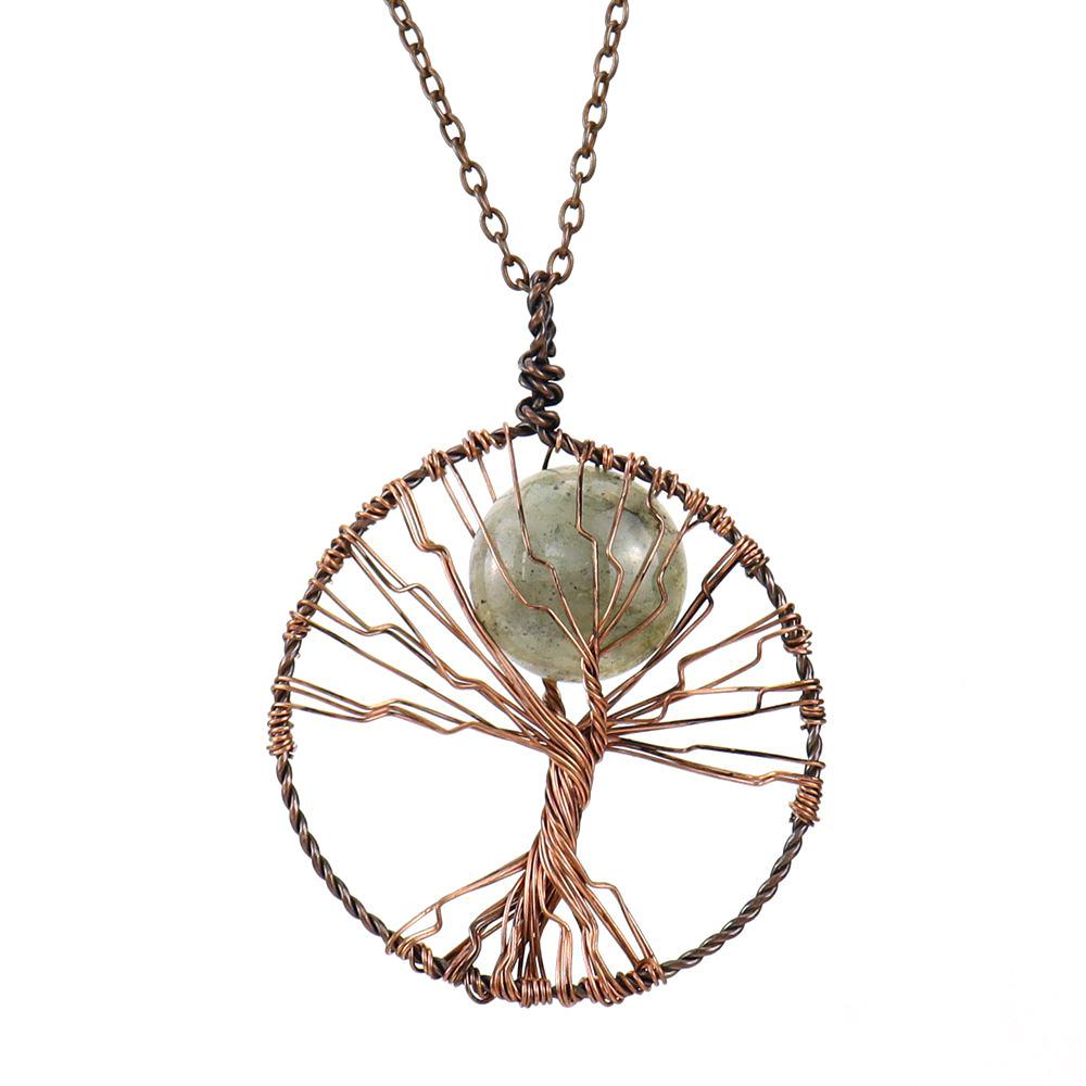 Hand-Wound Natural Crystal Agate Disc Tree Of Life Pendant Necklace N115