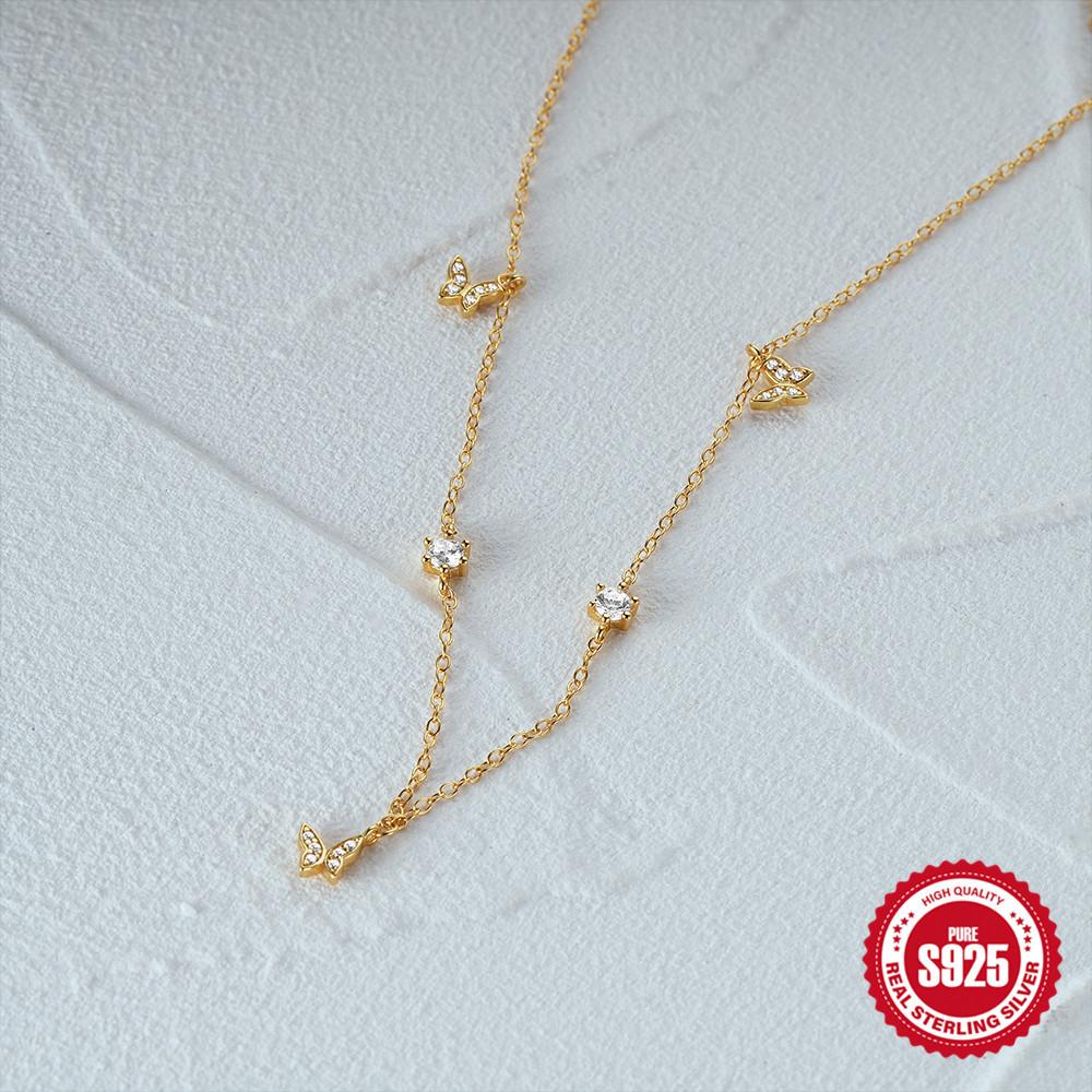 Stylish And Simple S925 Sterling Silver Style Temperament Butterfly With Diamonds Stacked Wearing Women'S Collarbone Necklace