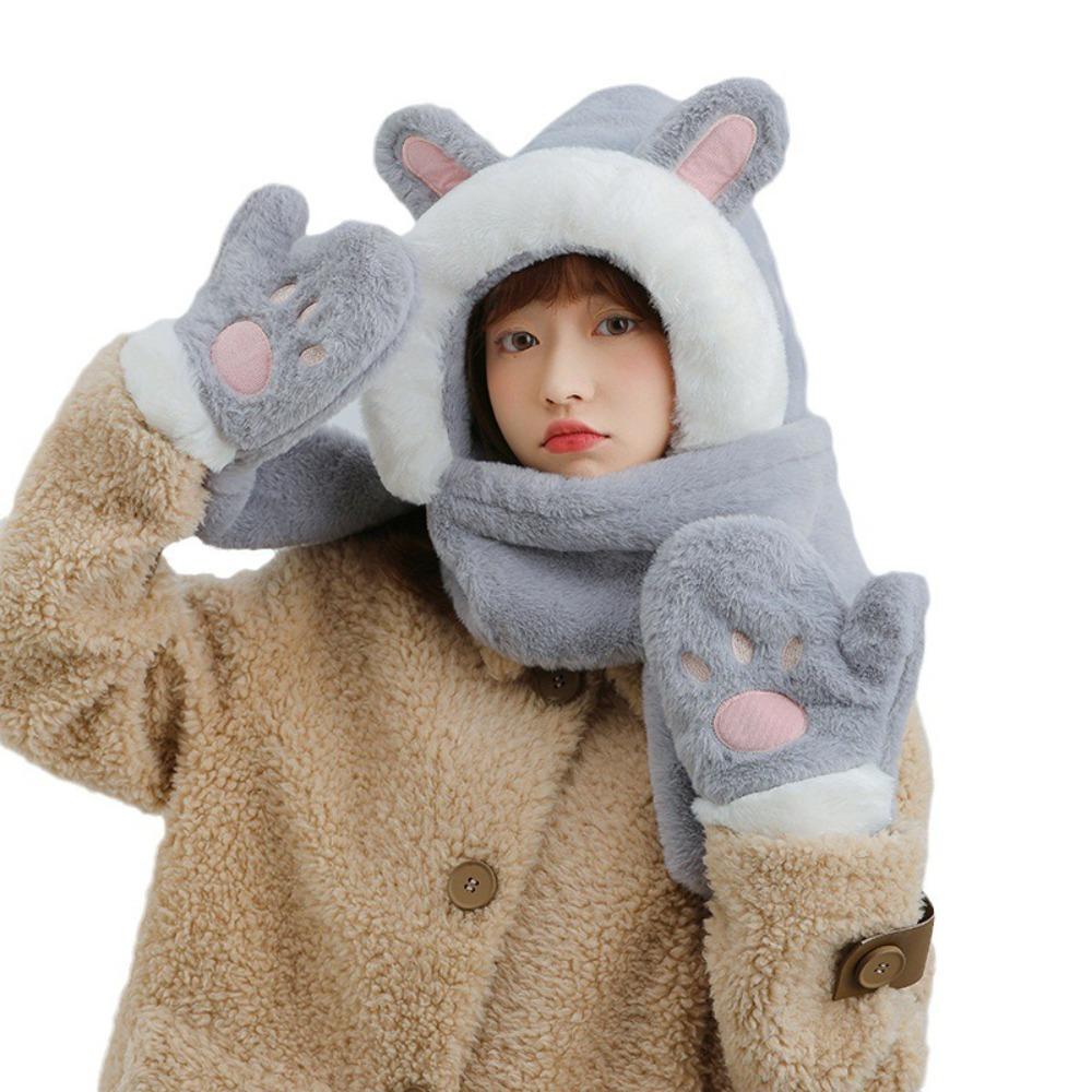 Windproof Integrated Cap Scarf Gloves Soft Plush Neck Warmer Winter Beanie Hat Scarf  for Women