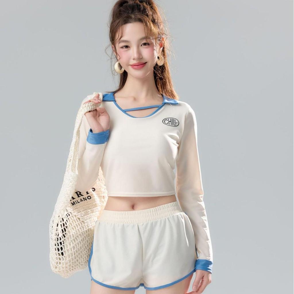 Korean Style 2025 Women's Slimming Sports Swimsuit: 4-Piece Set with Long Sleeves and Split Flat-Leg Design