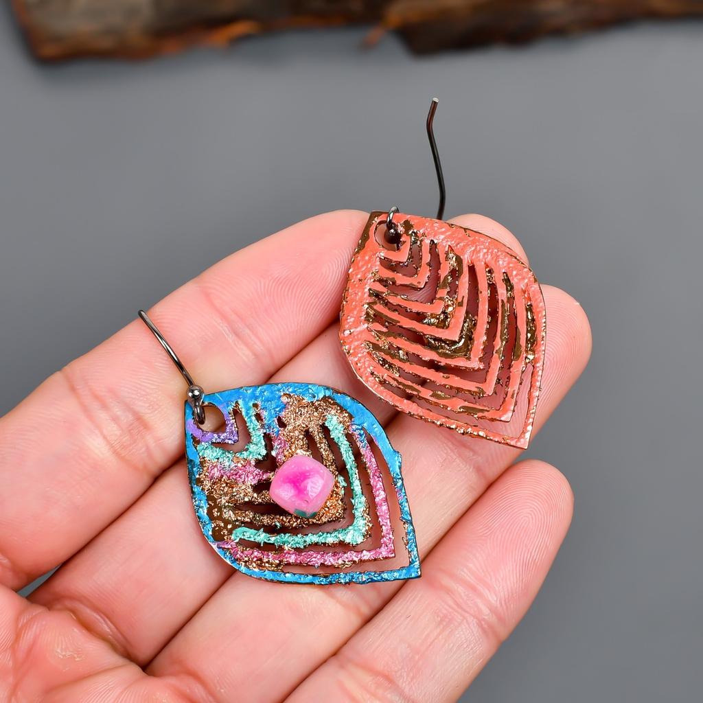 Natural Pink Sapphire Copper Multi Electroformed Art Deco Drop Dangle Earrings V-90