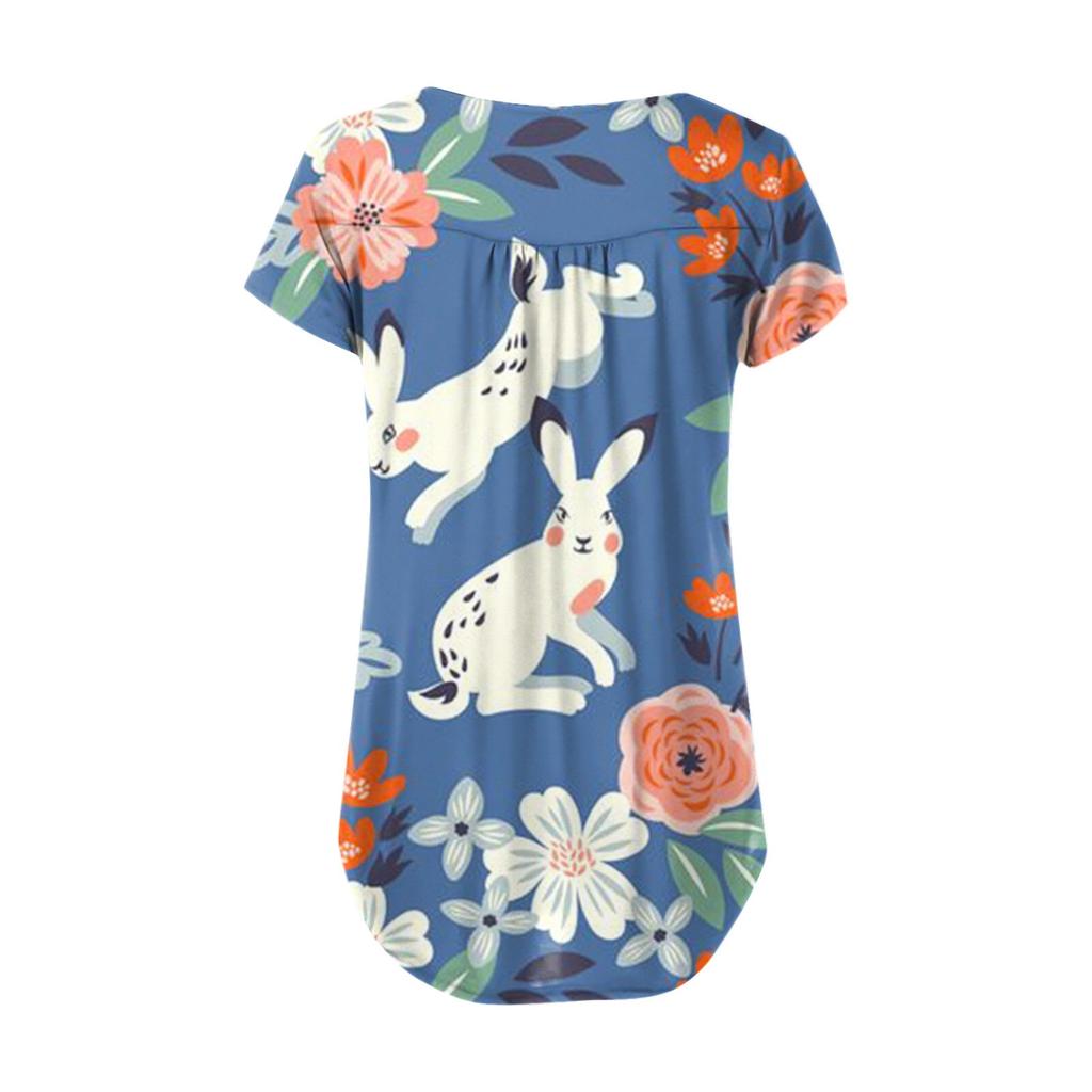 Women's Easter Short Sleeve Tops Loose Tops Casual Oversized Tops Pleated Tops Button Tie Tops Women