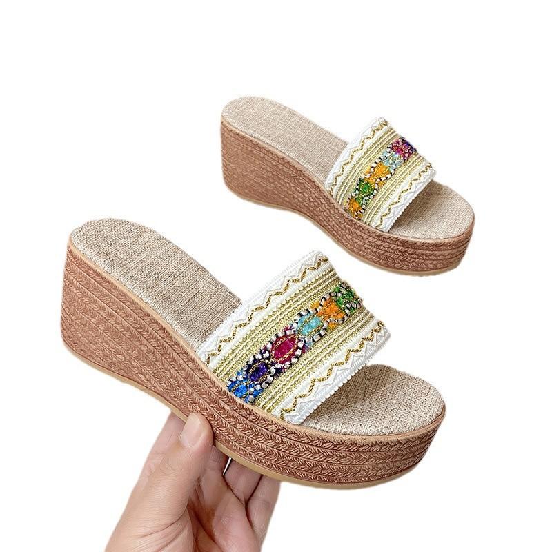 African colored webbing thick-soled slippers women's one-character muffin large size cool slippers lippers