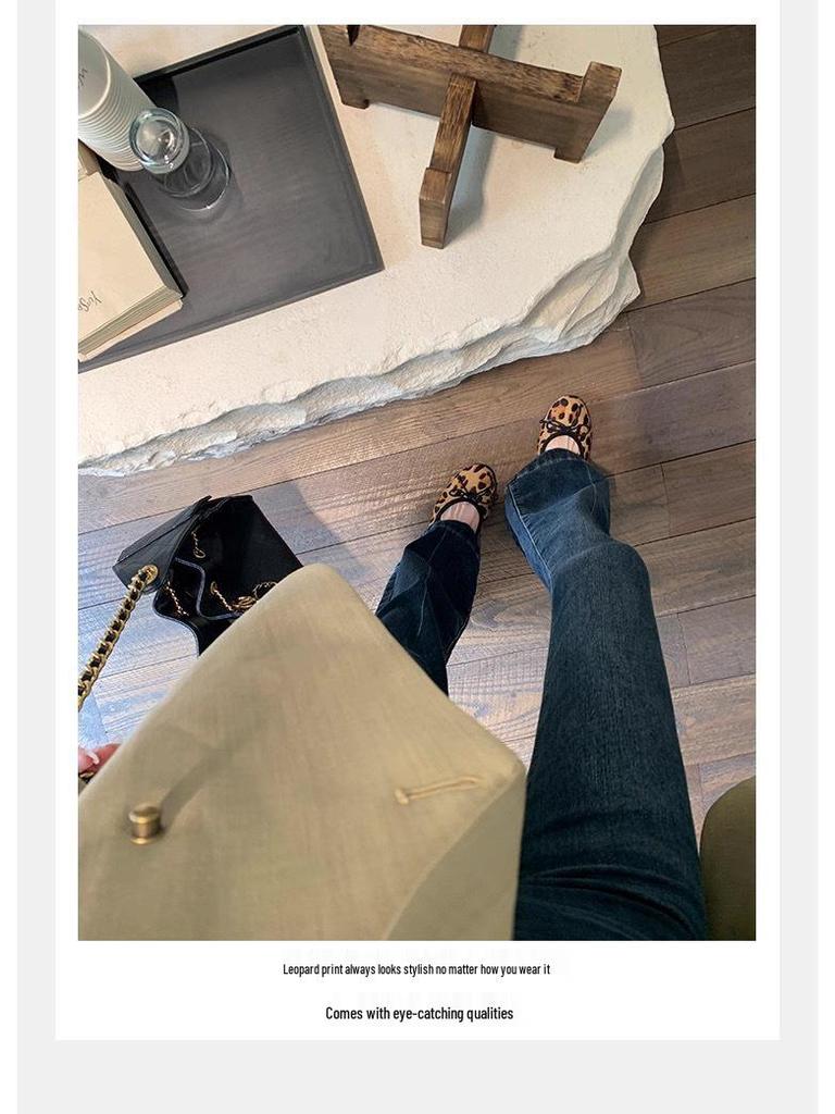 Grape Family Cowhide Pony Hair Leopard Print Bow Flats - Women’s Versatile Round Toe Casual Shoes