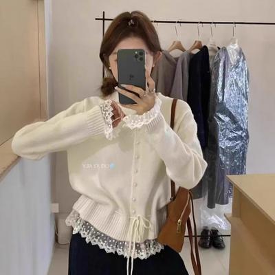 Korean Style Lace Lace-up Waist Knitted Cardigan for Women Spring New Style Round Neck Sweater