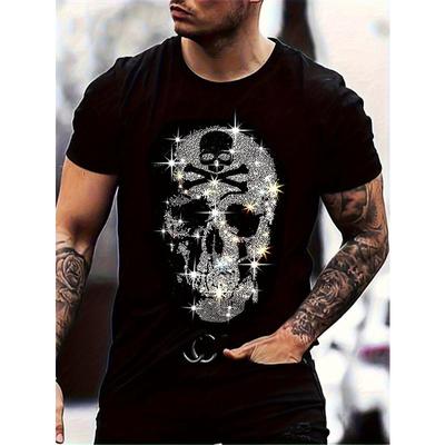 European Size 1pc Men's Rhinestone Skull Print T-Shirt - Polyester Crew Neck Retro Graphic Tee with - Soft, Breathable&Lightweight - Rhinestone Skull