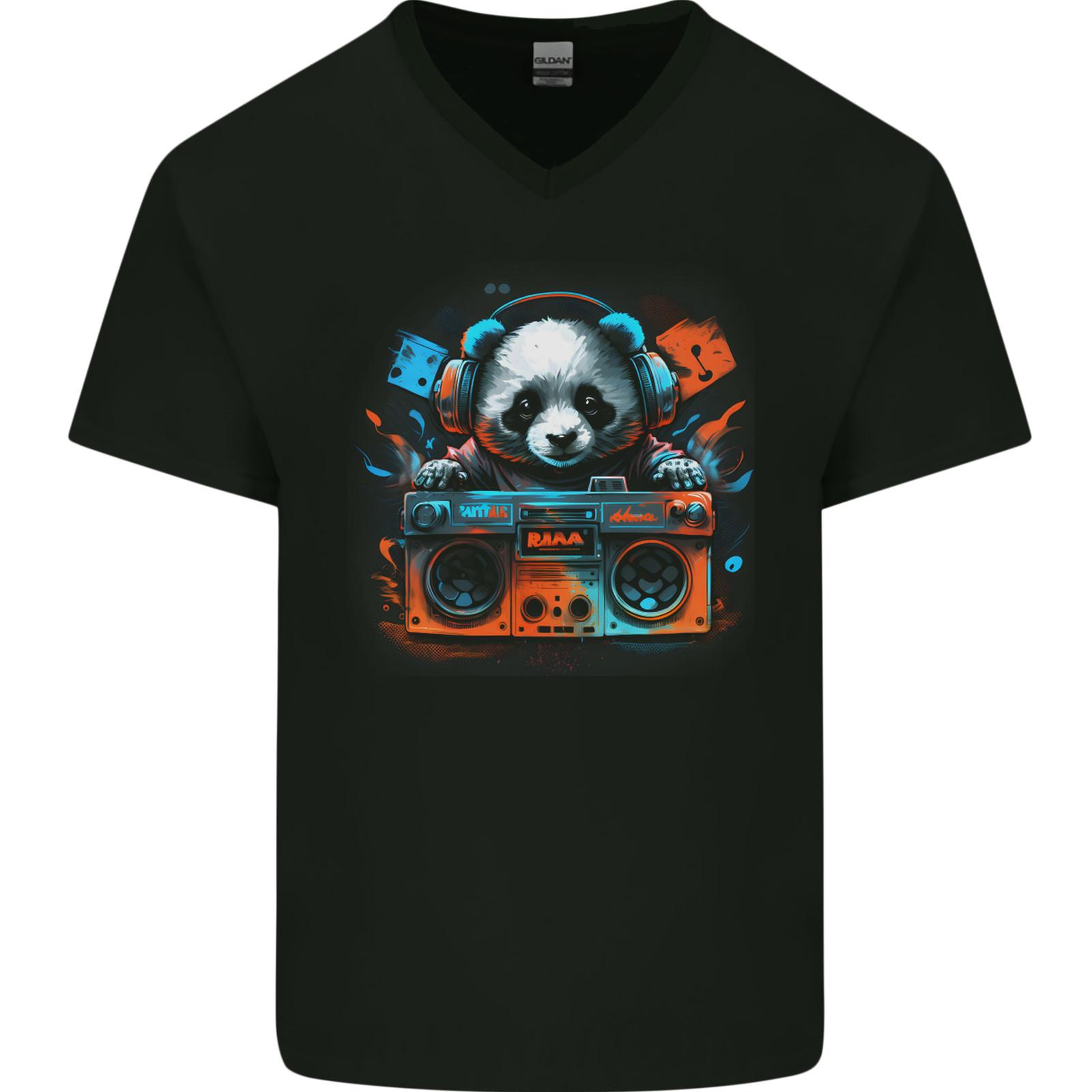 Panda Music With a Ghetto Blaster 80s Mens VNeck Cotton T-shirt XXL