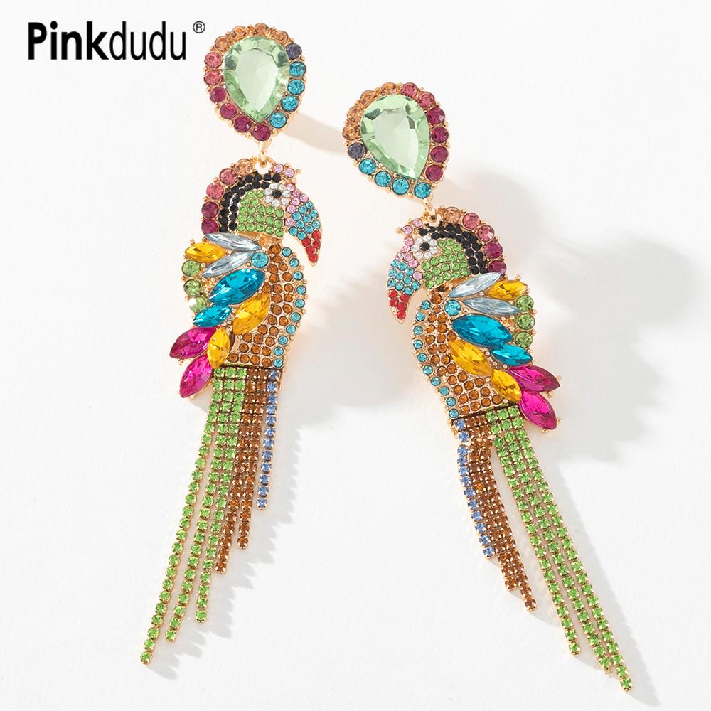 

Pinkdudu Мода Длинная кисточка Многоцветные хрустальные серьги Болтающиеся Серьги Заявление Горный хрусталь Птица Попугай Капля Серьги для женщин PD208