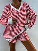 European & American Style Striped V-Neck Women's T-shirt and Shorts Set - Fashionable Casual Wear for 2026