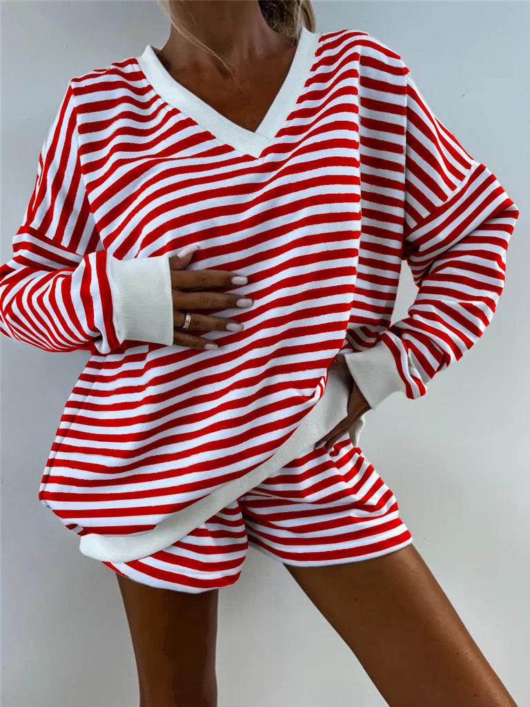 European & American Style Striped V-Neck Women's T-shirt and Shorts Set - Fashionable Casual Wear for 2026