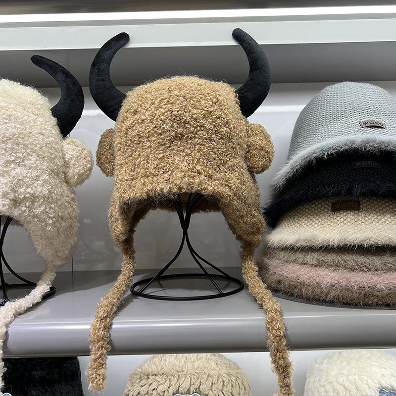 

Cute personality long horn imitation lamb wool ear protector pullover hat winter men s and women s velvet warm new model M（56-58cm） верблюд