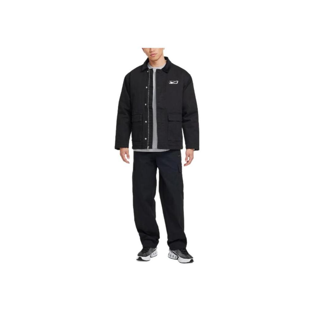 Nike Polo Collar Logo Print Loose Long Sleeve Work Jacket Men Jackets Black HQ2953-010